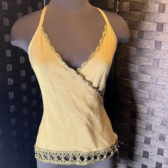 Bebe army green Crochet Halter Top, vintage in EUC. - Picture 4 of 16